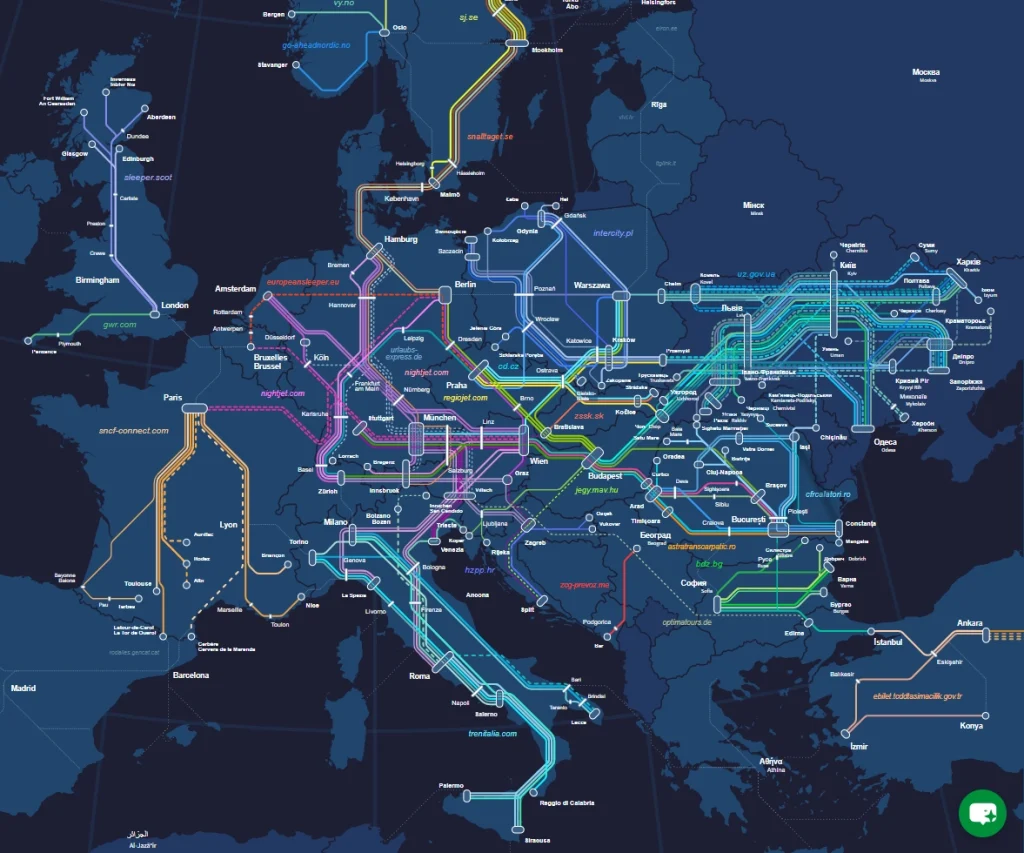 ヨーロッパの夜行列車路線図